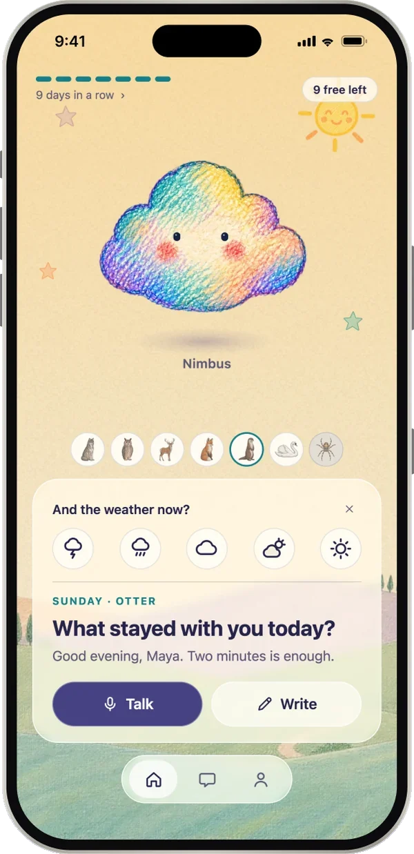 Symponia home screen: your cloud and today's question